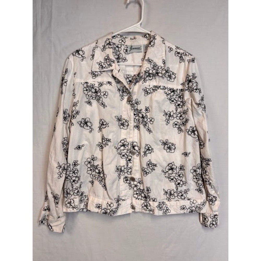 Joanna Womens XL White Black Embroidered Floral Cotton Button Front Jacket